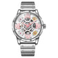Clover-shaped skeleton automatic mechanical watch with silver steel bracelet, rose accents