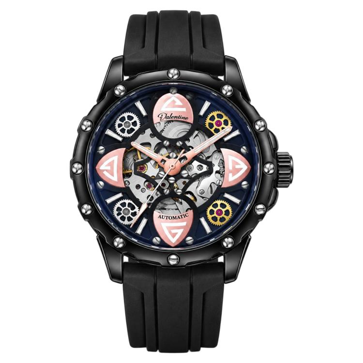 Clover-shaped skeleton automatic mechanical watch with black silicone strap, dark dial accents
