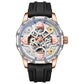 Automatic skeleton mechanical watch with black silicone strap and rose-gold case details