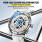 Automatic skeleton watch with silver case and white silicone strap, crown on the side