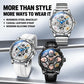 Automatic skeleton watch with steel bracelet and silicone/leather strap options shown