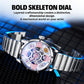 Automatic skeleton watch with silver steel bracelet and blue accents on the dial