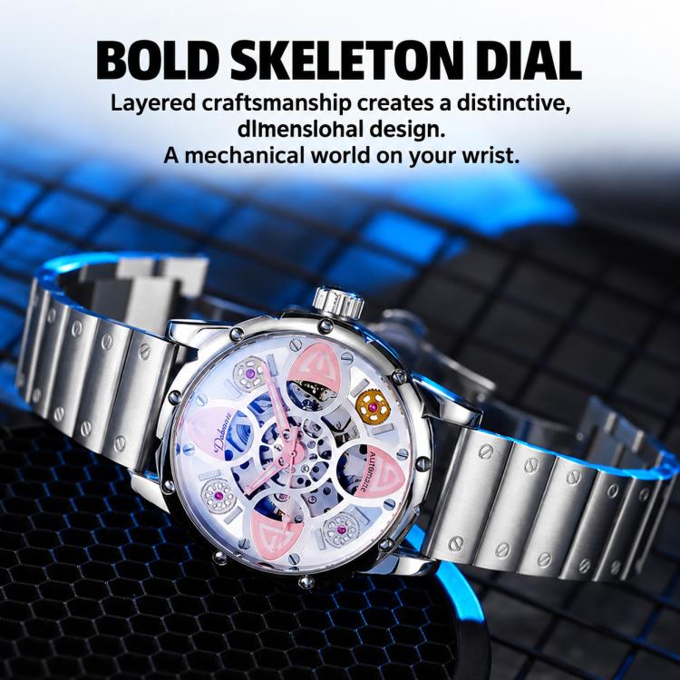 Automatic skeleton watch with silver steel bracelet and blue accents on the dial