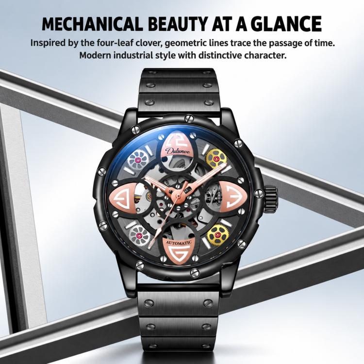 Automatic skeleton watch with black silicone strap and dark dial with visible gears