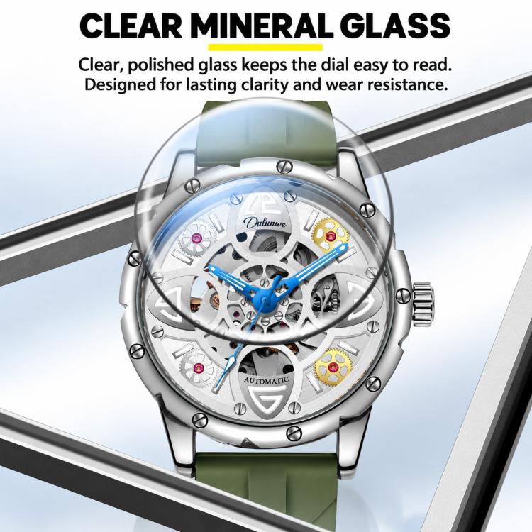 Automatic skeleton watch with silver case and green silicone strap with transparent dial