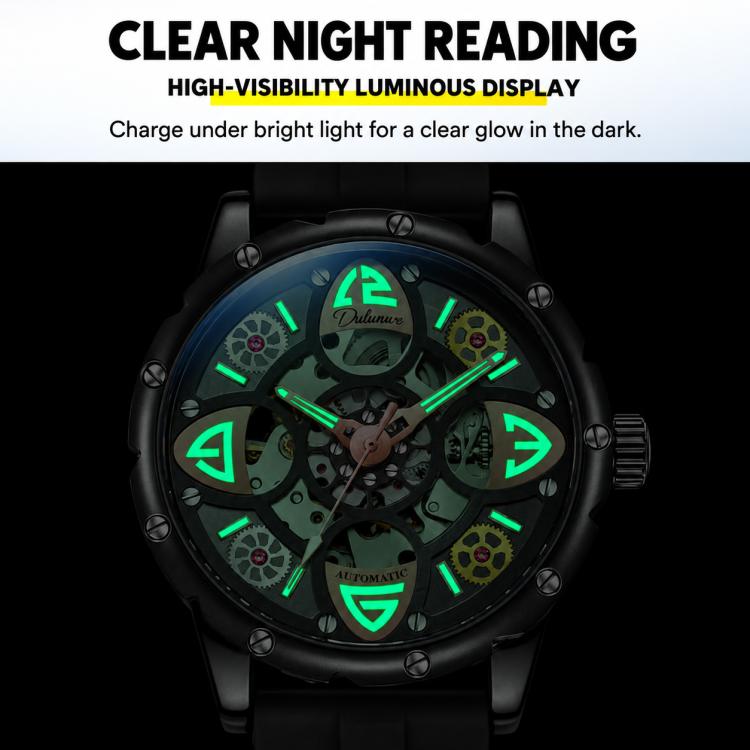 Automatic skeleton watch with black strap and glowing green luminous dial