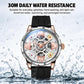 Automatic skeleton mechanical watch with black silicone strap shown with water splash