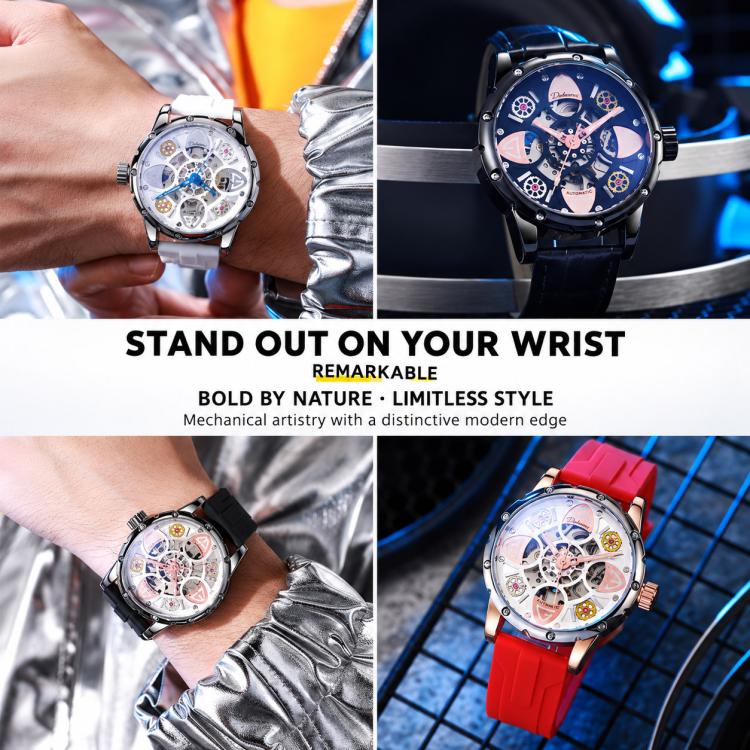 Men's automatic skeleton watch with blue dial and black silicone strap