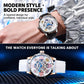 Men's automatic skeleton watch with white silicone strap and multicolor open dial