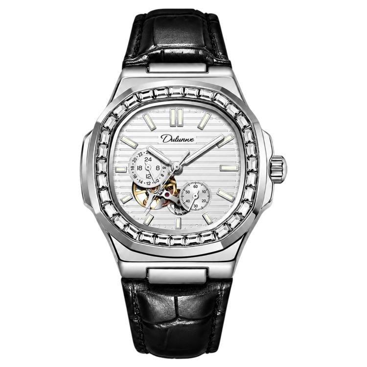 Men's automatic mechanical watch with white dial and black leather strap