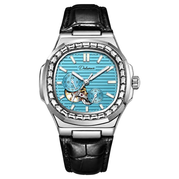 Men's automatic mechanical watch with mint blue dial and black leather strap