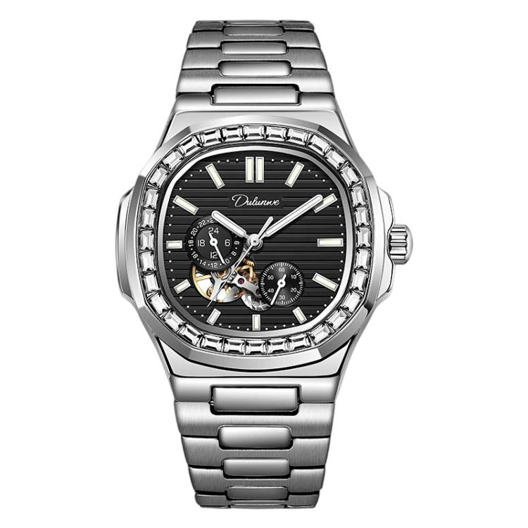 Men's automatic mechanical watch with black dial and silver stainless steel bracelet