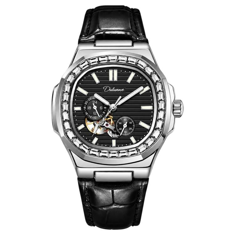 Men's automatic mechanical watch with black dial and black leather strap