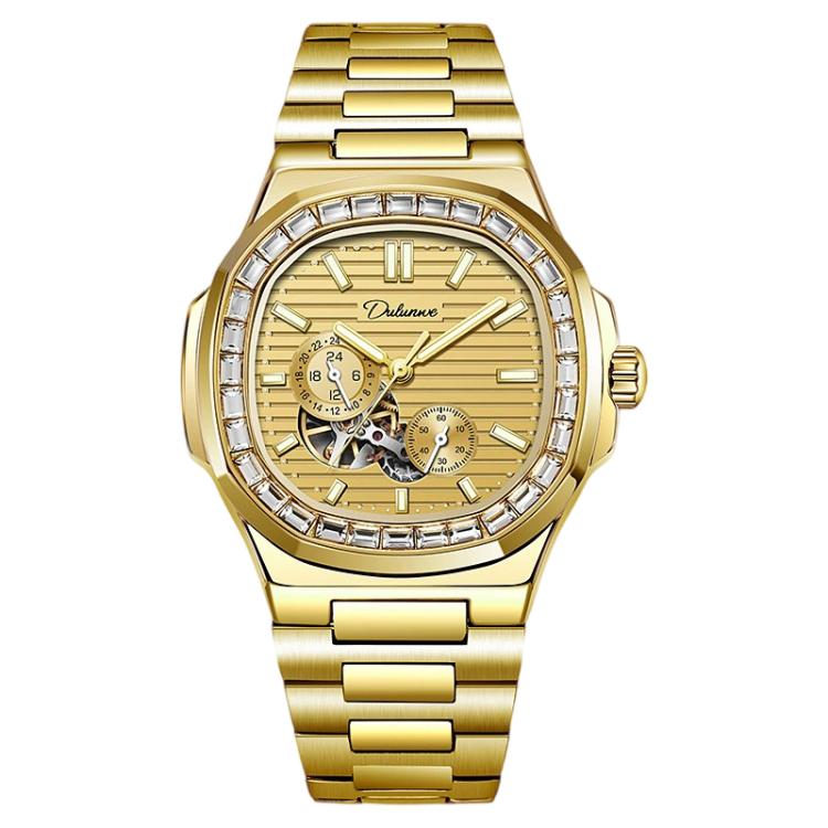 Men's automatic mechanical watch with gold dial and gold stainless steel bracelet