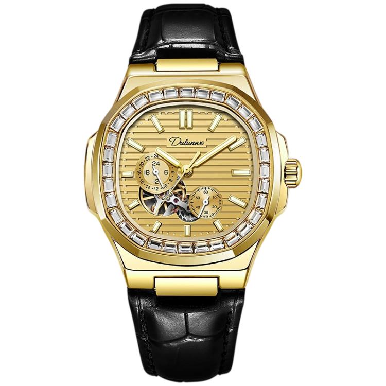 Men's automatic mechanical watch with gold dial and black leather strap