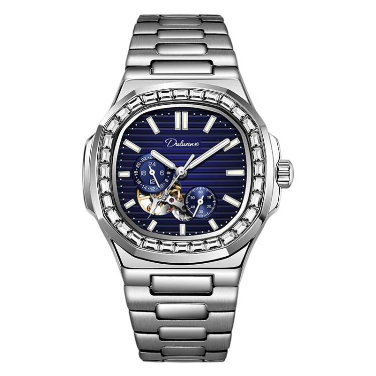 Men's automatic mechanical watch with dark blue dial and silver stainless steel bracelet