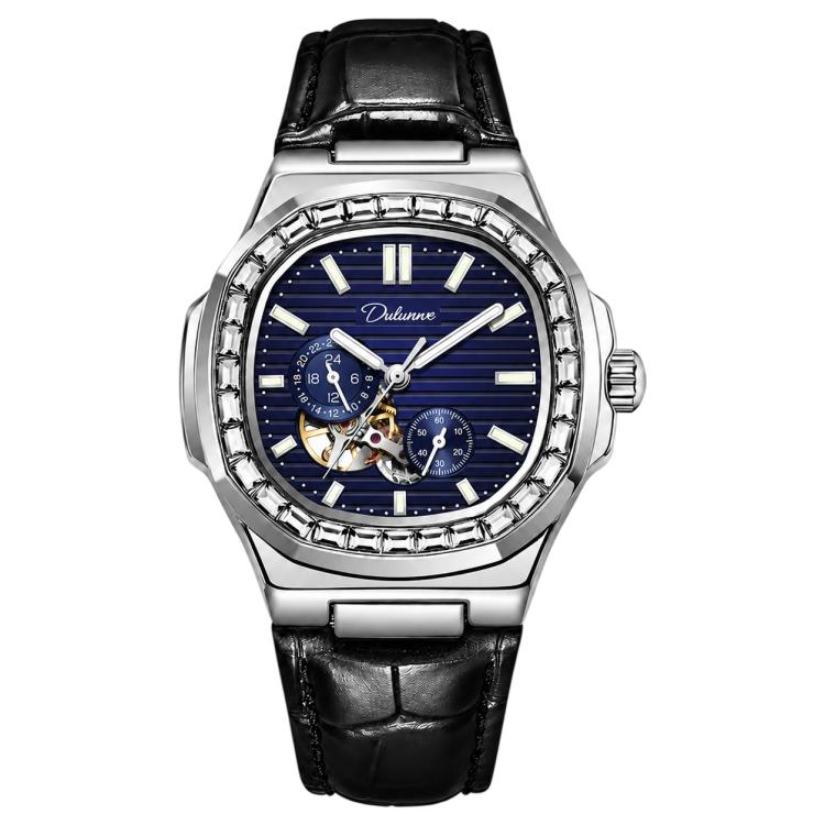 Men's automatic mechanical watch with dark blue dial and black leather strap