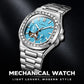 Dulunwe men's automatic mechanical watch with silver steel bracelet and turquoise dial