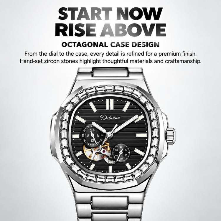Dulunwe men's automatic mechanical watch with silver steel bracelet and black dial