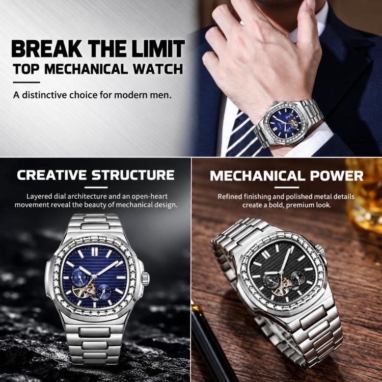 Dulunwe men's automatic mechanical watch on wrist, blue dial with silver metal bracelet