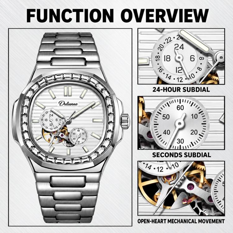 Dulunwe men's automatic mechanical watch with silver steel bracelet and white dial