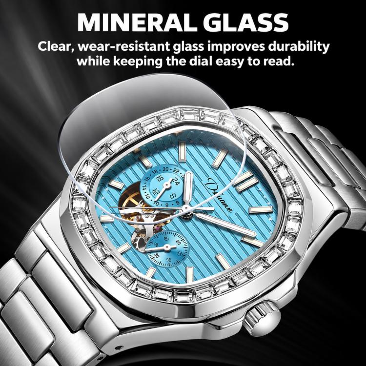 Dulunwe men's automatic mechanical watch close-up with silver case and teal blue dial