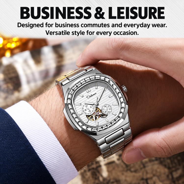 Dulunwe men's automatic mechanical watch on wrist with silver bracelet and white dial
