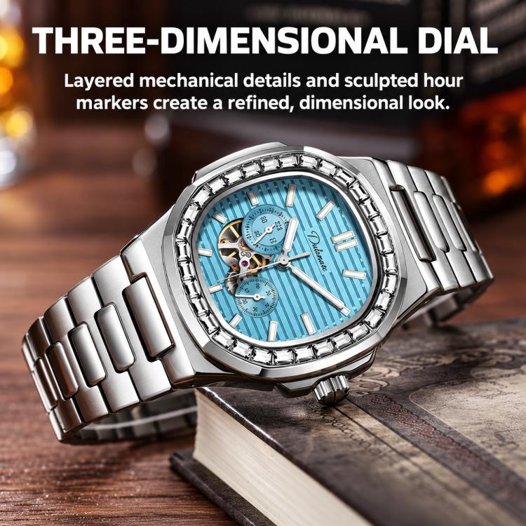 Dulunwe men's automatic mechanical watch with silver bracelet and blue dial