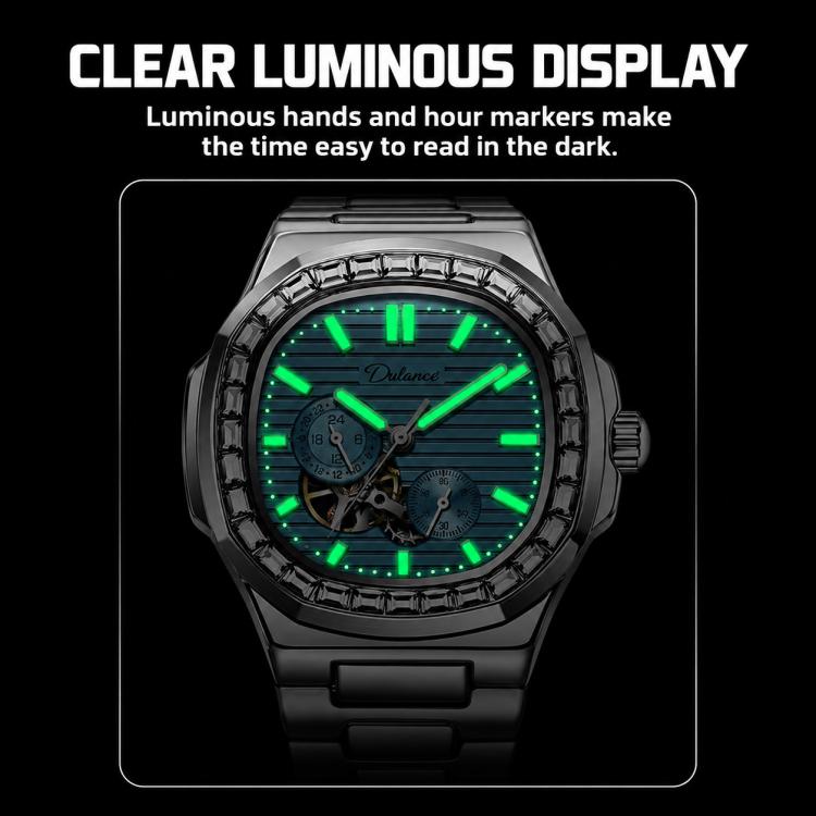 Dulunwe men's automatic mechanical watch with black strap, black dial, green luminous hands