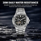 Dulunwe men's automatic mechanical watch with silver steel bracelet and black dial