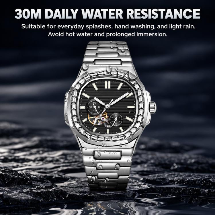 Dulunwe men's automatic mechanical watch with silver steel bracelet and black dial