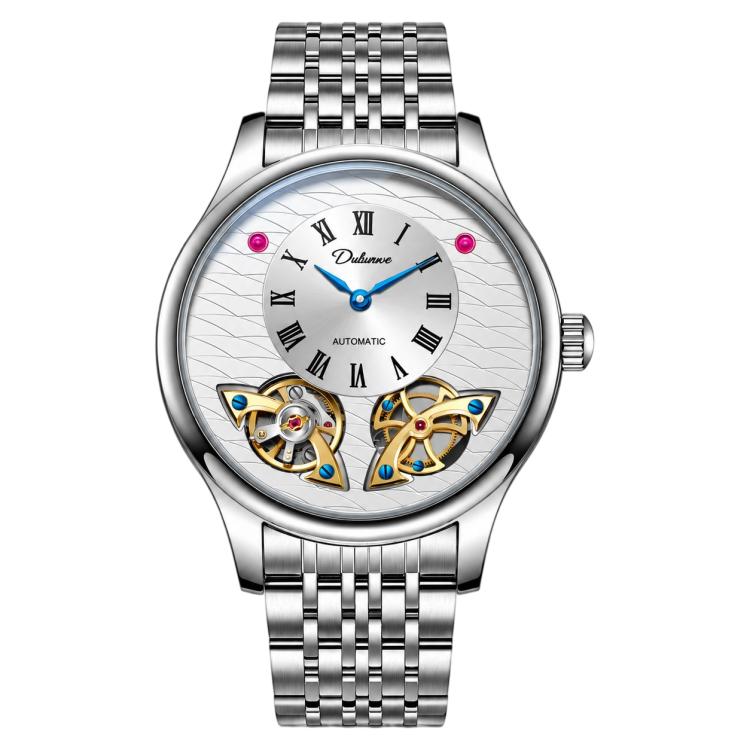 Men's automatic mechanical watch with white dial and silver metal bracelet strap