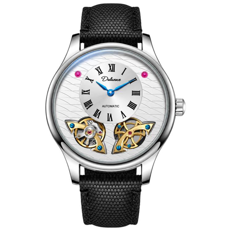 Men's automatic mechanical watch with white dial and black textured leather strap