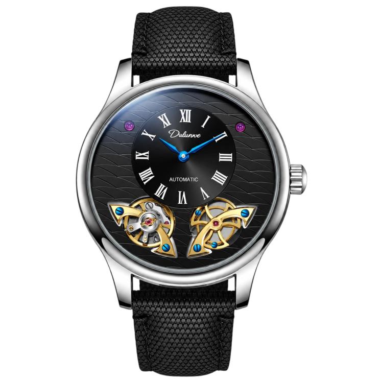 Men's automatic mechanical watch with dark dial and black textured leather strap