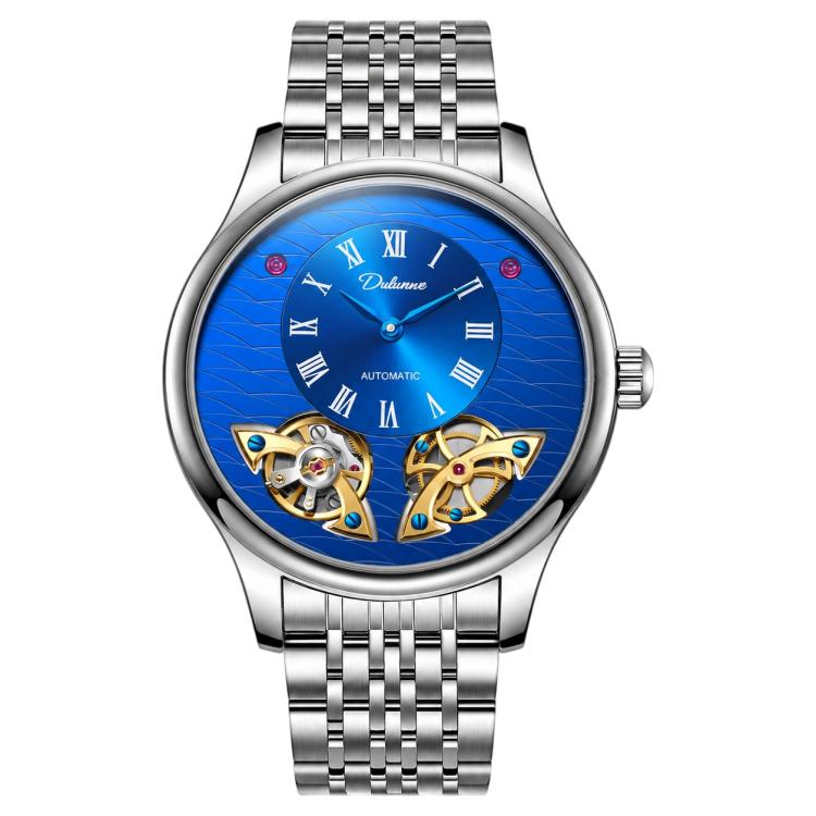 Men's automatic mechanical watch with blue dial and silver metal bracelet strap