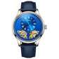 Men's automatic mechanical watch with blue dial and blue textured leather strap