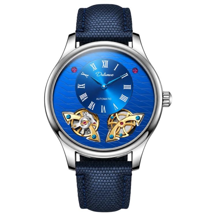 Men's automatic mechanical watch with blue dial and blue textured leather strap