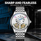Men's automatic mechanical watch with white dial and silver metal bracelet strap