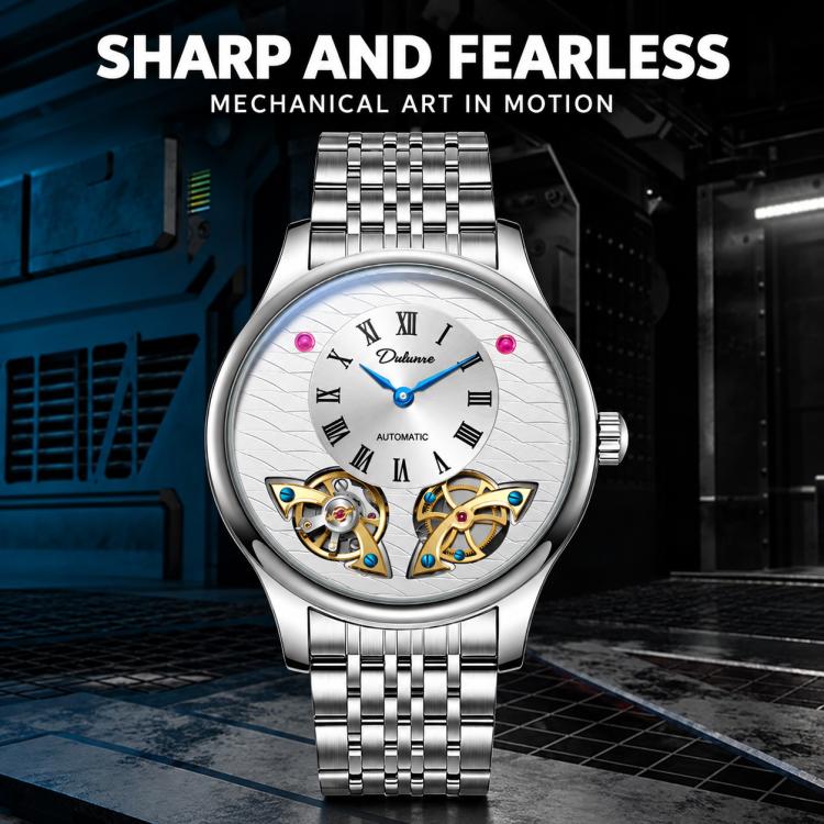 Men's automatic mechanical watch with white dial and silver metal bracelet strap
