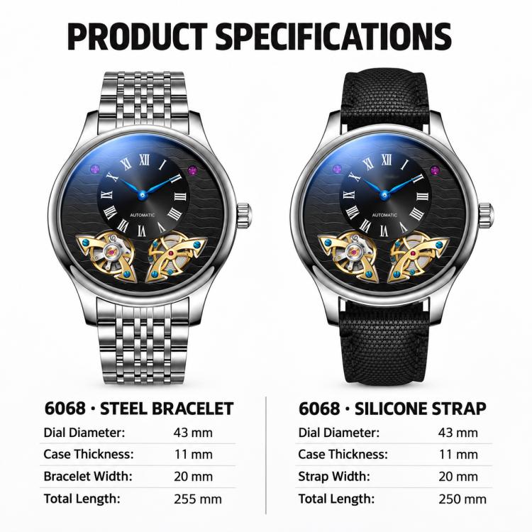 Men's automatic watch with blue dial: stainless steel bracelet and black silicone strap