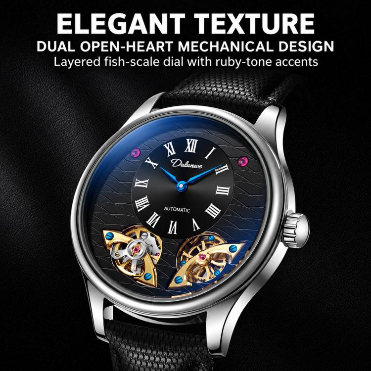 Men's automatic mechanical watch with dark dial and black textured leather strap