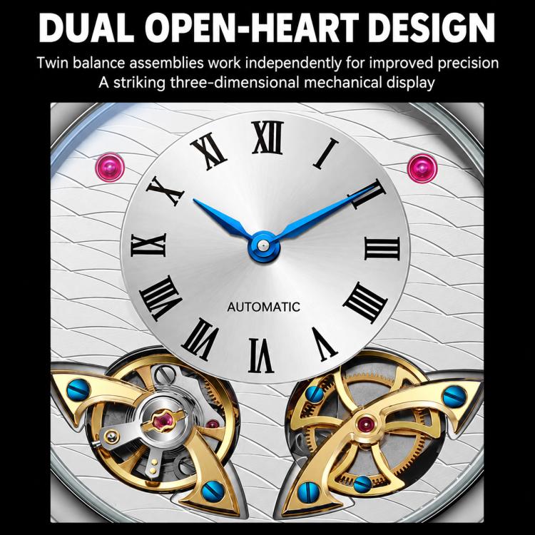 Men's automatic mechanical watch dial close-up with roman numerals and skeleton hands