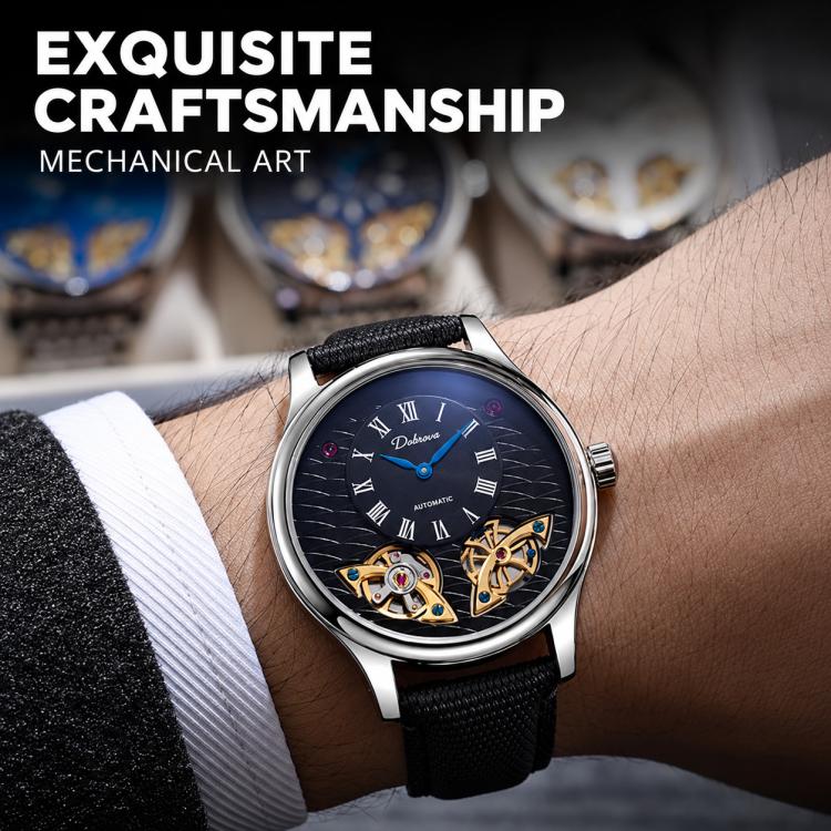 Men's automatic mechanical watch on wrist with dark dial and black textured leather strap