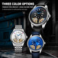 Men's automatic mechanical watch with black strap, blue dial, and visible gear details