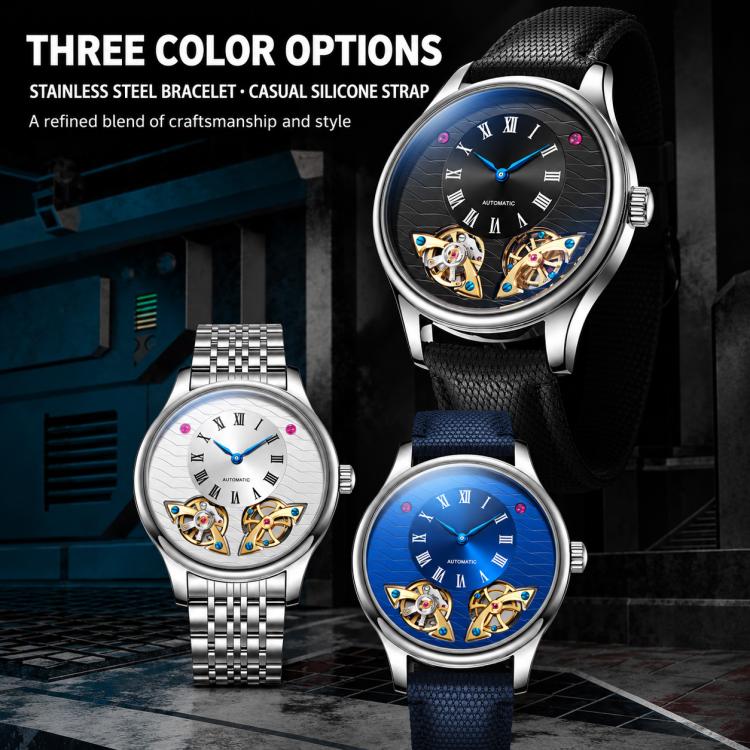 Men's automatic mechanical watch with black strap, blue dial, and visible gear details