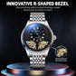 Men's automatic mechanical watch with stainless steel bracelet and dark blue openwork dial