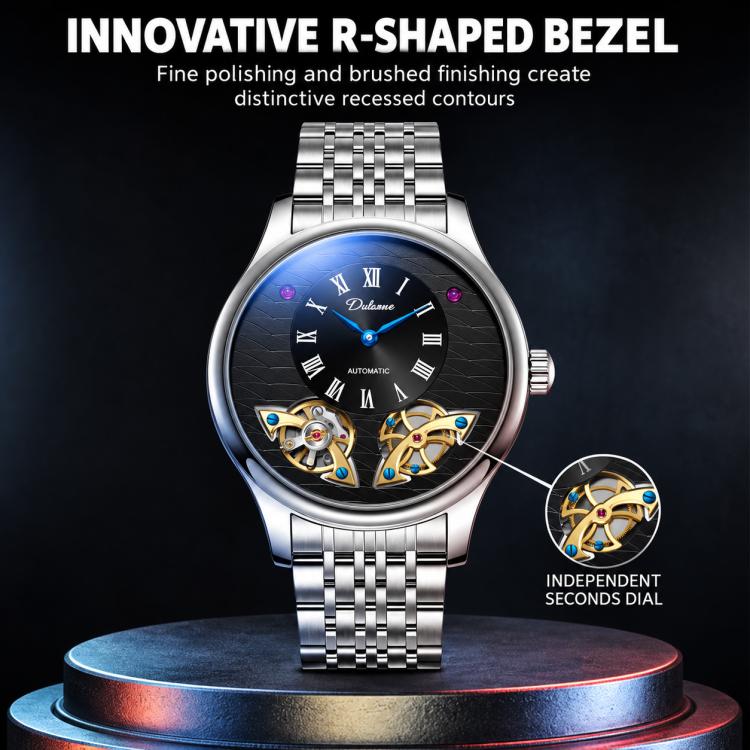 Men's automatic mechanical watch with stainless steel bracelet and dark blue openwork dial