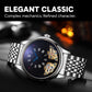 Automatic mechanical watch with stainless steel bracelet, blue dial, and skeleton movement
