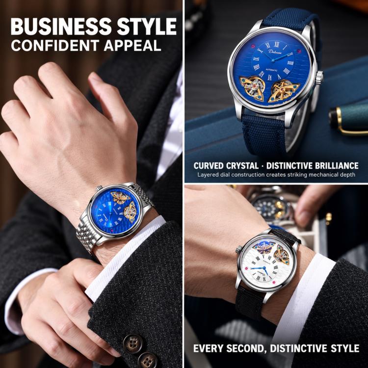 Men's automatic mechanical watch on wrist with blue strap, blue dial, and open gears