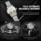 Fully automatic mechanical watch with white dial and stainless steel bracelet, visible gears